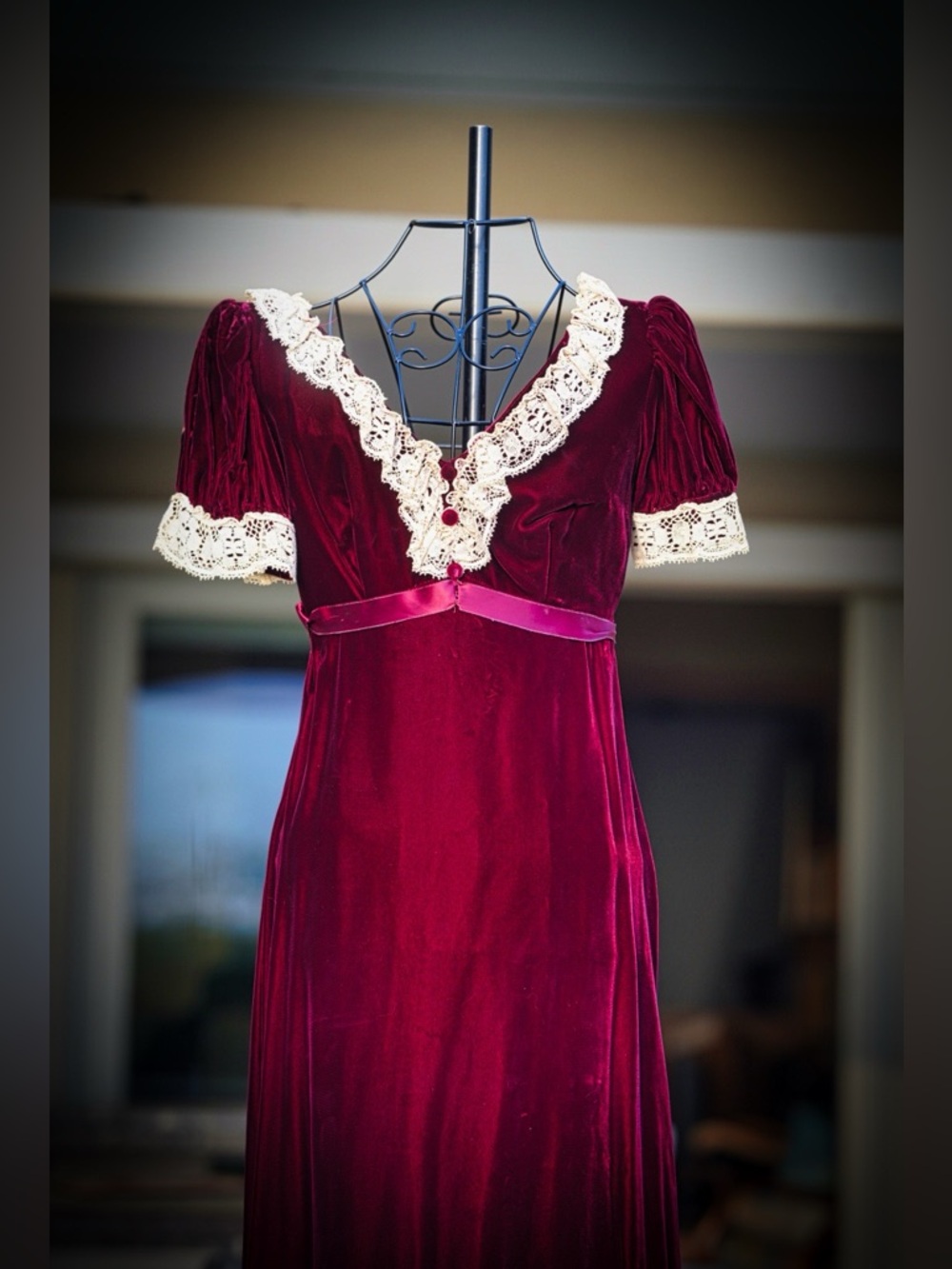 VTG Handmade Burgundy Velvet & Lace Empire Waist Maxi Dress - One of a Kind